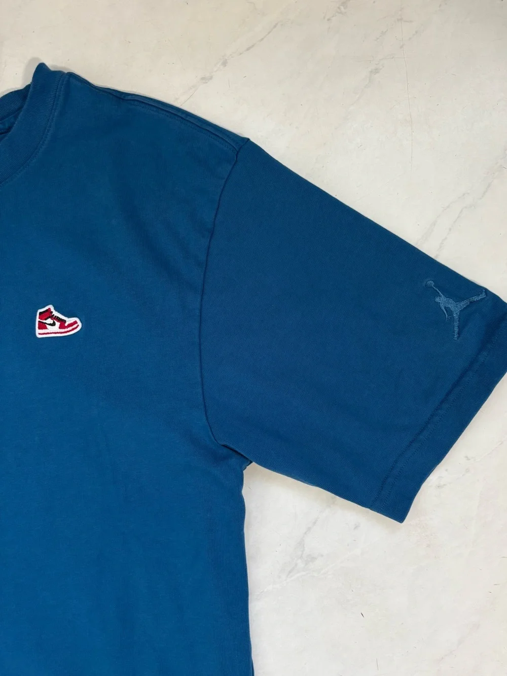 Air Jordan Mens Small Sneaker Patch Embroidered Industrial Blue Tee Shirt Sporty